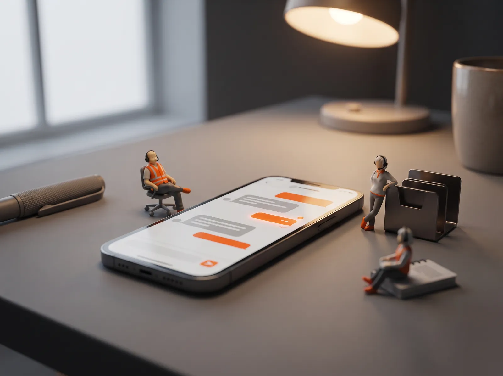 Smartphone con una chat e figurine del supporto clienti