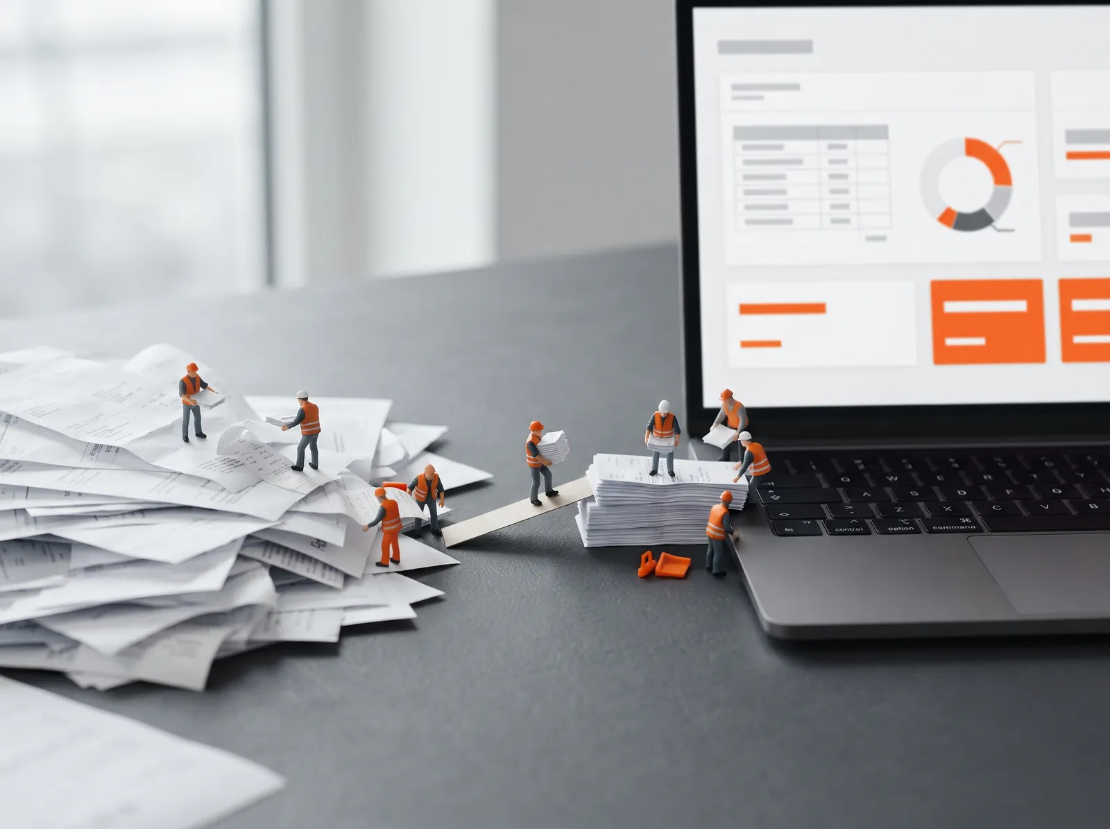 Pila di fatture che diventa una dashboard sul portatile