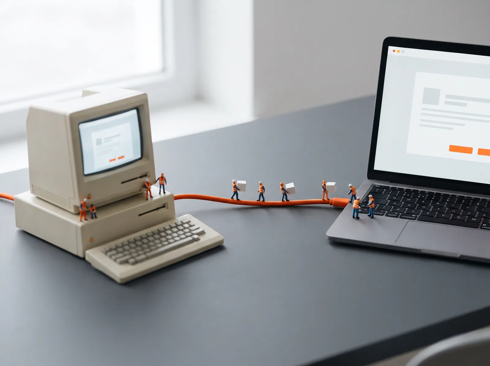Vecchio computer collegato a un portatile moderno