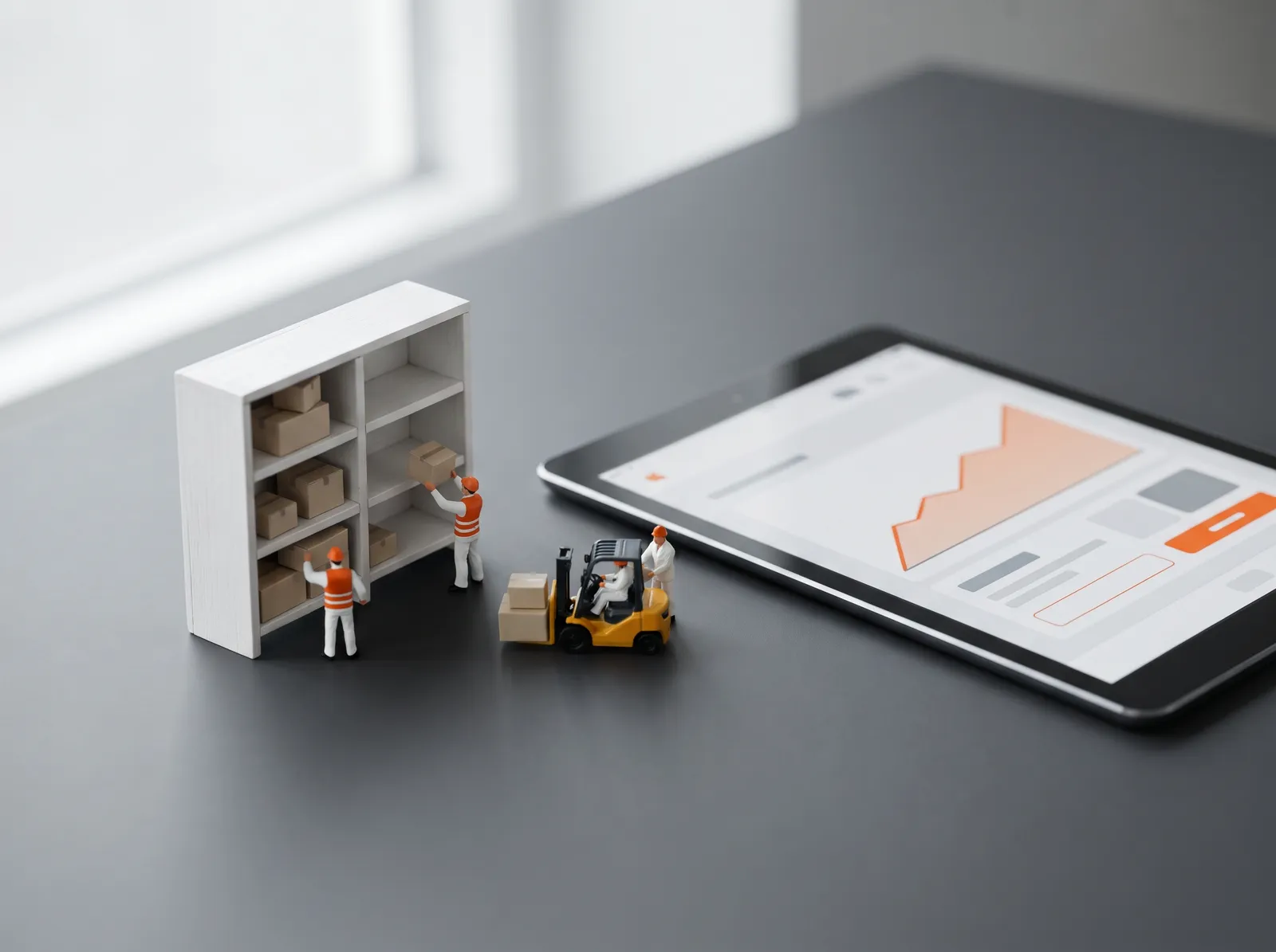 Scaffale di scatole e tablet con una previsione