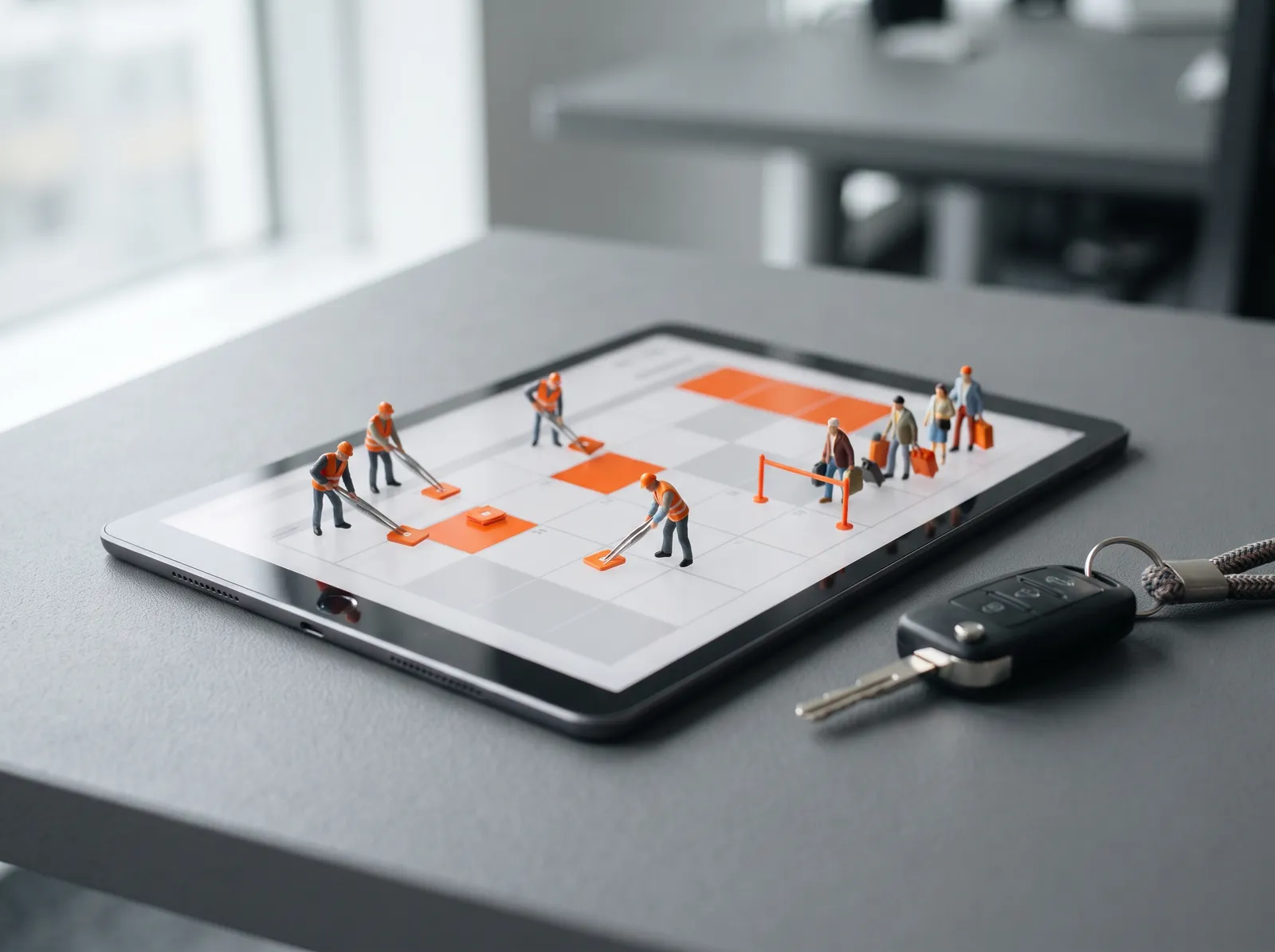 Tablet con calendario di prenotazioni e figurine che prenotano