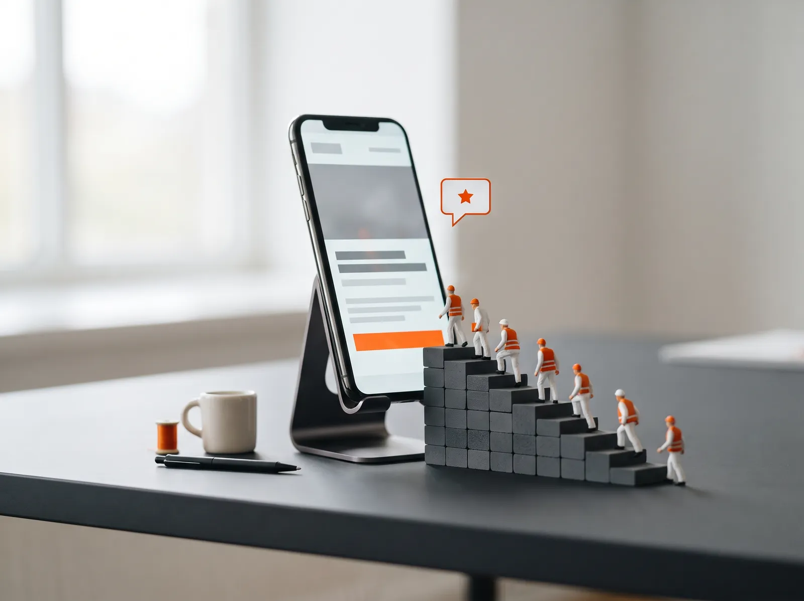 Smartphone con un sito web e piccoli visitatori in miniatura
