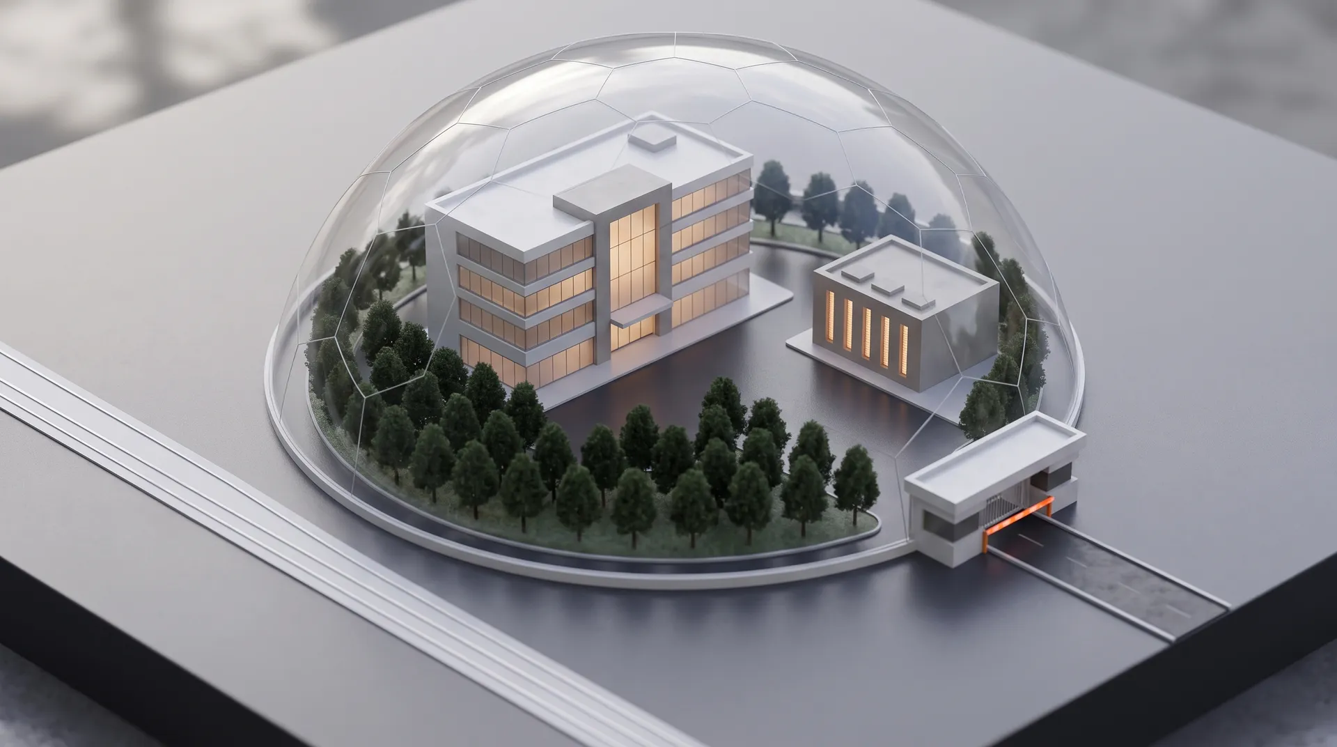 Campus in miniatura protetto da una cupola di vetro con un edificio server illuminato