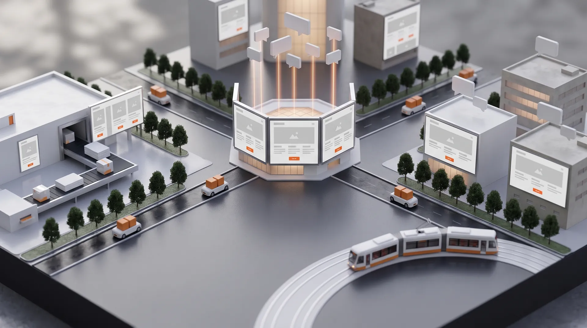 Città in miniatura con facciate che sono schermi di siti web