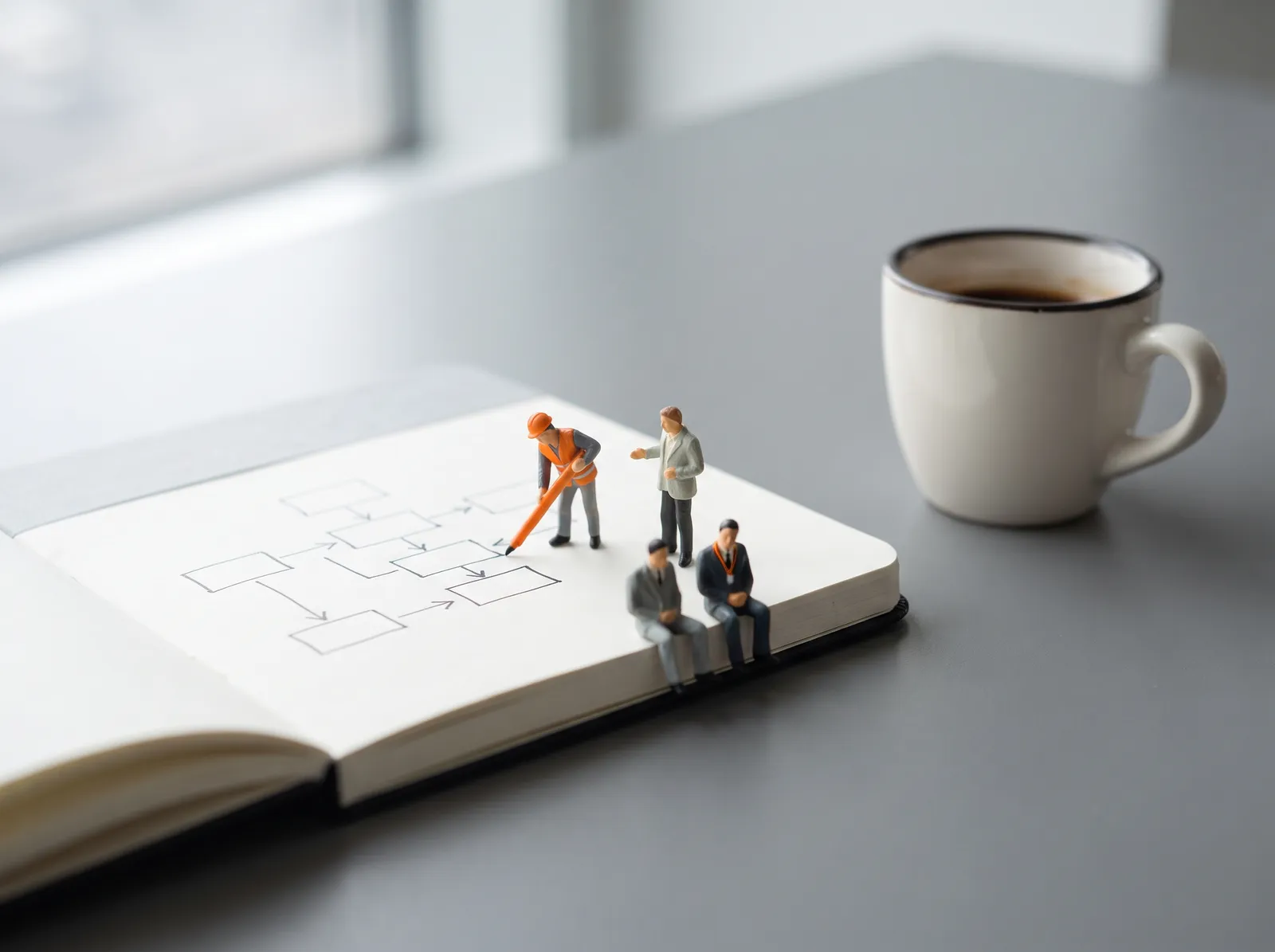 Tavolo di lavoro in miniatura con mappe di processo